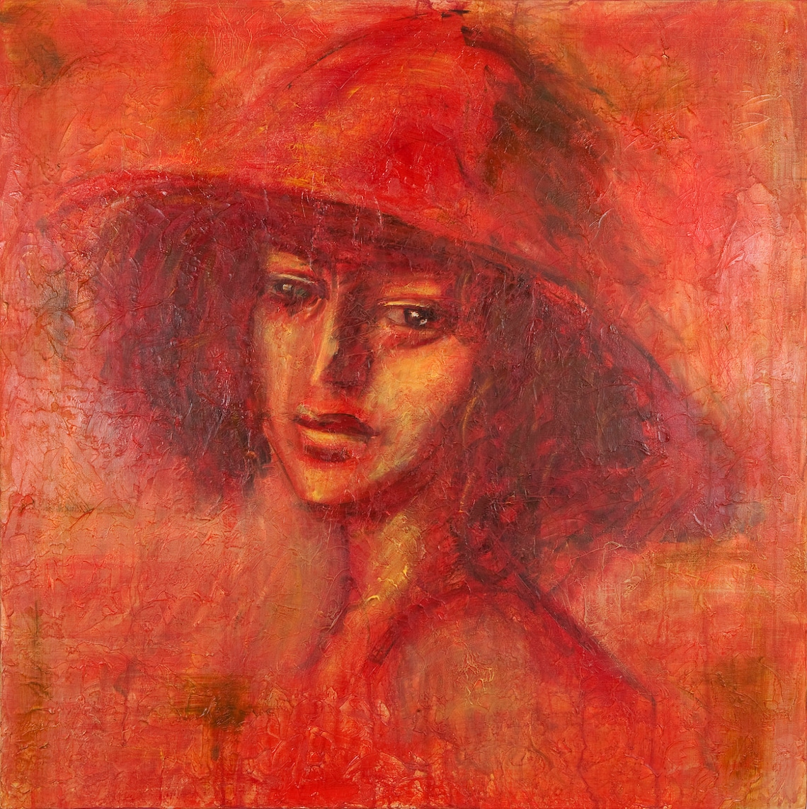 Portrait of Woman with a hat in red Original heavily textured Etsy