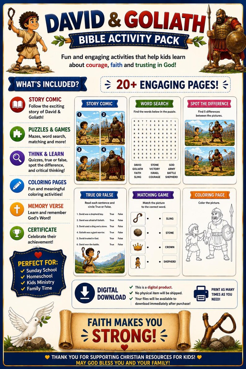 David and Goliath Bible Activity Pack for Kids, Christian Printable PDF ...