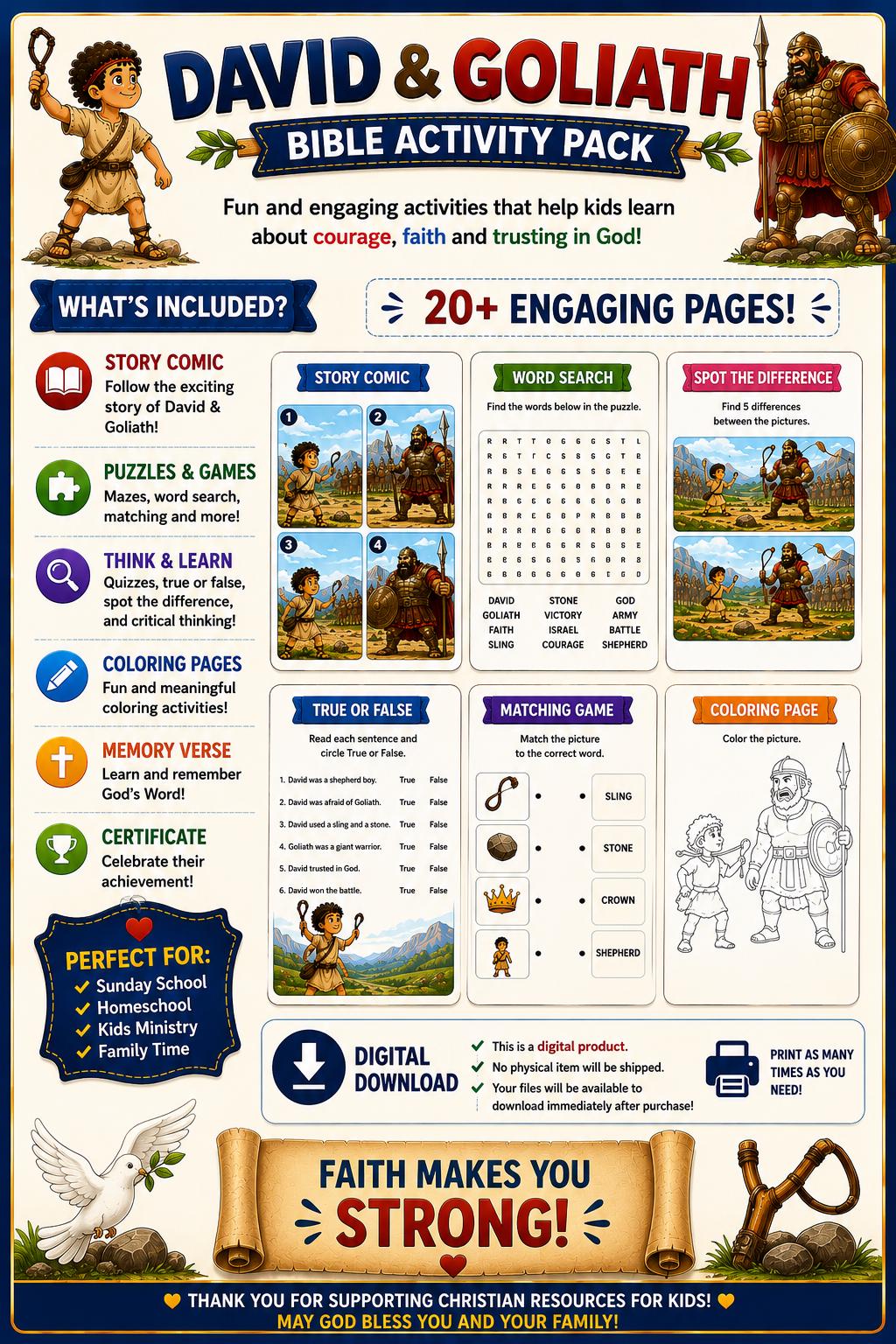 David and Goliath Bible Activity Pack for Kids, Christian Printable PDF ...