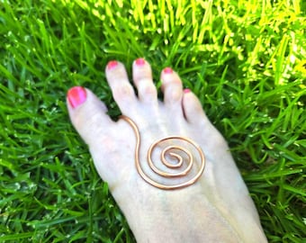Copper Sole Spiral Cuff w Gemstone Option, Energy Grounding Foot Jewelry, Adjustable Handmade Spiral