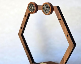 Wood + Rare Cubic Pyrite Earrings, Handmade