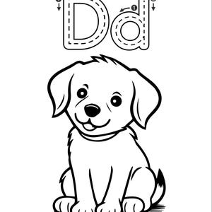 May include: Black and white illustration of a puppy and the letter "D". The uppercase and lowercase "D" are shown with dotted lines, indicating tracing practice. The puppy is sitting and smiling.