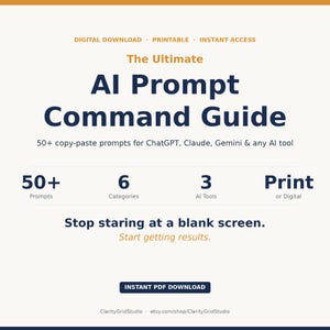 May include: A digital download guide titled "AI Prompt Command Guide" with the text "50+ copy-paste prompts for ChatGPT, Claude, Gemini & any AI tool." The guide highlights 50+ prompts, 6 categories, and 3 AI tools. It is available for print or digital use.