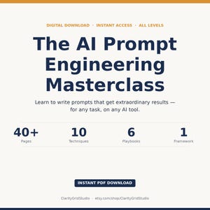 Könnte beinhalten: Digitaler Download-Grafik mit dem Titel "The AI Prompt Engineering Masterclass" in Marineblau. Das Bild enthält den Text "Lernen Sie, Prompts zu schreiben, die außergewöhnliche Ergebnisse erzielen - für jede Aufgabe, auf jedem KI-Tool." und zeigt 40+ Seiten, 10 Techniken, 6 Playbooks und 1 Framework.
