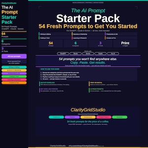 Op de afbeelding: Digitale download van "The AI Prompt Starter Pack" van ClarityGridStudio. Dit pakket bevat 54 prompts voor ChatGPT, Claude en Gemini, gecategoriseerd voor schrijven, zaken, coderen, etc. Direct downloaden.