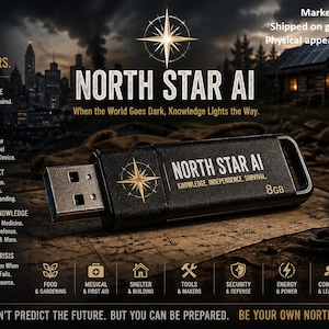 Può includere: Un'unità USB nera con la scritta "NORTH STAR AI" e un design a rosa dei venti. L'unità è etichettata "8GB" e include le frasi "KNOWLEDGE, INDEPENDENCE, SURVIVAL". L'immagine presenta anche testo sull'accesso offline e sulla conoscenza della sopravvivenza.
