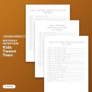Puede incluir: Una pila de tres hojas blancas imprimibles de entrevistas para niños, adolescentes y jóvenes. Cada hoja tiene un conjunto diferente de preguntas. Las palabras "Birthday Bundle" y "Birthday Interview" están impresas en el lado izquierdo.