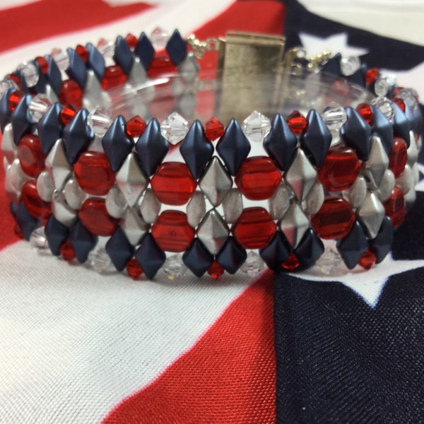 Boom Bracelet Pattern 4th of July Easy Beaded Bracelet Tutorial Red White and Blue Bracelet Instructions Easy Pattern Tutorial Two Hole Bead