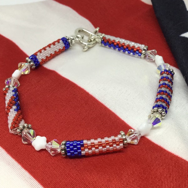 Old Glory Flag Bracelet Pattern 4th of July Flag Beaded Bracelet Tutorial Red White and Blue Quick and Easy Peyote Bracelet Pattern Tubes