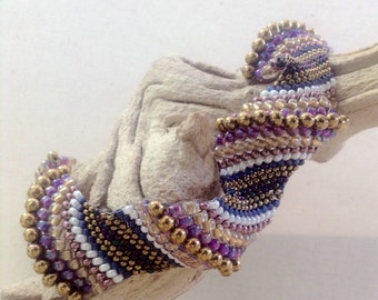 Cellini Waves Bracelet Tutorial Peyote Bangle Beading Pattern Purple Bronze Pearl Seed Beads Delicas Drops
