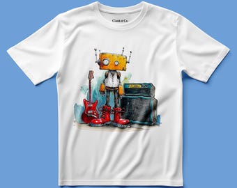 Può includere: Una t-shirt bianca con un'illustrazione grafica di un robot giallo dalla testa quadrata, che indossa stivali rossi, in piedi accanto a una chitarra elettrica rossa e un amplificatore nero. Il testo Clank n Co. è stampato sull'etichetta interna.