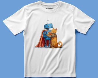 Può includere: Una t-shirt bianca a maniche corte con la grafica di un robot blu che indossa un mantello rosso e abbraccia un gatto tigrato arancione. Il testo Clank n Co. è stampato in nero vicino allo scollo. Il disegno è centrato sul capo d'abbigliamento.