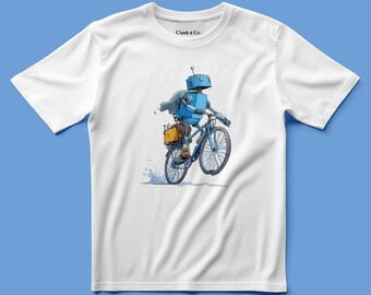 Può includere: Una t-shirt bianca a maniche corte con un'illustrazione grafica di un robot blu in bicicletta. Il robot indossa un mantello e trasporta una borsa marrone sul retro della bici. Il testo Clank n Co. è stampato all'interno del colletto.
