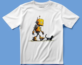 Può includere: Una t-shirt bianca a maniche corte con la grafica di un robot giallo che cammina accanto a un piccolo gatto nero. Il testo Clank n' Co. è stampato in nero vicino allo scollo. Il disegno è centrato sulla parte anteriore del capo.