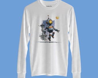 Può includere: Una maglietta bianca a maniche lunghe con una stampa grafica di un robot blu e arancione che fluttua vicino a un'alta torre industriale. Il robot ha un grande occhio circolare giallo. Il testo Clank & Co. è stampato sull'etichetta interna.