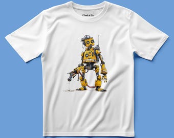 Può includere: Una t-shirt bianca a maniche corte con la grafica di un robot giallo che indossa un casco da cantiere e tiene in mano un tubo. Il robot presenta dettagli meccanici e uno zaino. Il testo Clank n' Co. è stampato in nero sul colletto interno.