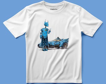 Può includere: Una t-shirt bianca a maniche corte con una stampa grafica di un robot blu in piedi accanto a un'auto sportiva blu. Il robot ha un emblema circolare giallo sul petto e fa il segno di pace. Il testo Clank n' Co. è stampato sul colletto.