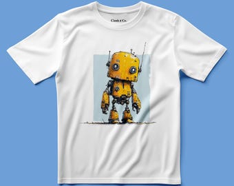 Può includere: Una t-shirt bianca a maniche corte con un'illustrazione grafica di un robot giallo con una grande testa quadrata, due occhi circolari e antenne sottili. Il testo Clank n' Co. è stampato in nero nella zona interna del colletto.