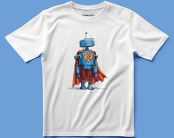 Può includere: Una t-shirt bianca a maniche corte con la grafica di un robot blu che indossa un mantello rosso e un emblema giallo sul petto con la lettera R. Il colletto interno riporta la scritta Clank n Co. Il disegno è centrato sul davanti del capo.