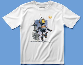 Può includere: Una t-shirt bianca a maniche corte con un'illustrazione grafica di un robot rotondo blu e arancione che fluttua vicino a un'alta torre industriale e a una luna gialla. Il colletto interno della maglia riporta la scritta Clank n Co. in nero.