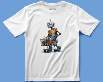 Può includere: Una t-shirt bianca a maniche corte con un'illustrazione grafica di un robot grigio e arancione che spinge un carrello della spesa in metallo pieno di vari articoli. Il testo Clank n' Co. è stampato in nero vicino allo scollo del capo.