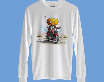 Robot Riding Motorcycle - Hand-Drawn Long Sleeve Youth T-Shirt | Clank & Co.