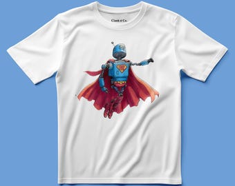 Può includere: Una t-shirt bianca a maniche corte con la grafica di un robot blu che indossa un mantello rosso e una cintura gialla con una lettera R rossa sul petto. Il testo Clank n Co. è stampato in nero nell'area interna del colletto del capo.