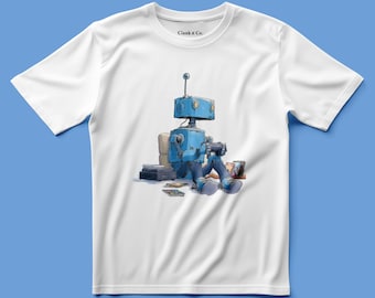 Può includere: Una t-shirt bianca a maniche corte con la grafica di un robot blu seduto che gioca a un videogioco. Il robot è circondato da console e dischi di gioco. Il testo Clank n Co. è stampato in nero sul colletto interno della maglietta.
