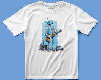 Può includere: Una t-shirt bianca a maniche corte con un'illustrazione grafica di un robot blu che suona una chitarra elettrica gialla. Il robot si trova davanti a uno sfondo rettangolare blu con attrezzatura musicale ai piedi. Il testo Clank n Co. è stampato.