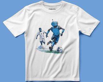Può includere: Una t-shirt bianca a maniche corte con un'illustrazione grafica di un robot blu che gioca a calcio contro un giocatore umano con una maglia bianca. Il testo Clank n' Co. è stampato in nero nella zona interna del colletto del capo.