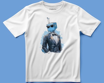 Può includere: Una t-shirt bianca a maniche corte con la grafica di una testa di robot blu che indossa occhiali da sole neri e uno smoking con papillon. Il testo Clank n Co. è stampato in nero all'interno del colletto, con schizzi di vernice blu.