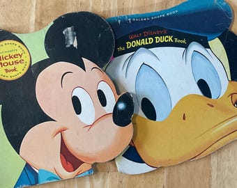 Set di libri vintage di Topolino e Paperino dalle forme dorate – Oggetti da collezione per bambini con fustellatura.
