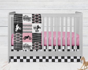 Pink Motocross Minky Blanket, Girl Crib Bedding Set, Dirt Bike Bedroom, Motorcycle Nursery Motocross Bedding, New Baby Shower Gift