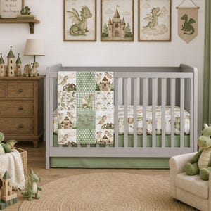 Dragon Crib Bedding Set, Sage Green Fantasy Nursery, Baby Boy Themed Decor, Personalized Blanket
