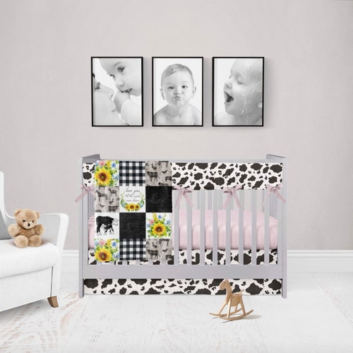 Farm Crib Bedding, Sunflower Cow Crib Bedding Set, Light Pink Sheet Floral shops Theme Bedding, Cotton Minky Blanket, Girl Nursery, Cow Rail Cover