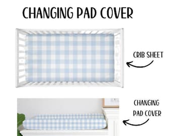 Gingham Check Crib Sheets, Changing Pad Cover, Light Blue Nursery, Gift for Baby Checkered Plaid, Cotton Fitted Crib Sheet, Boy Crib Bedding