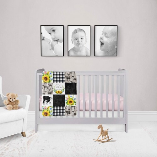Farm Crib Bedding, Sunflower Cow Crib Bedding Set, Light Pink Sheet Floral shops Theme Bedding, Cotton Minky Blanket, Girl Nursery, Cow Rail Cover