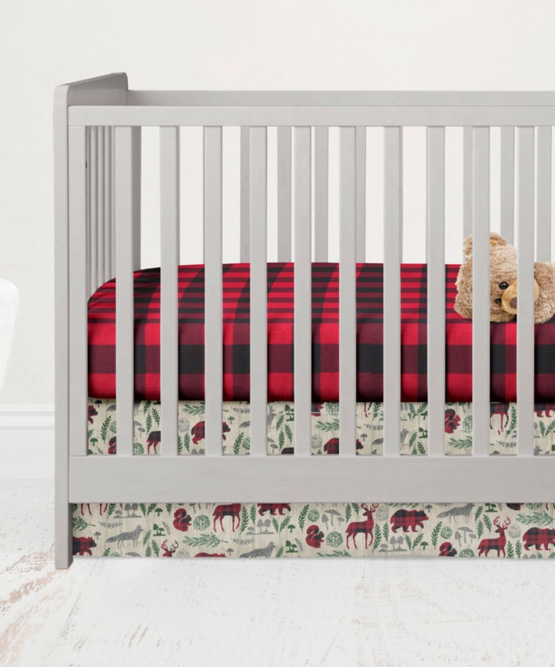 3 Sided Crib Skirt Animal Crib Bedding Woodland Plaid Etsy