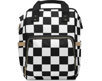 Checkered Diaper Bag Backpack Personalized, Multifunctional Diaper Backpack, Daycare Bag, Custom Baby Shower Gift, Racing Nursery