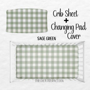 Sábana para cuna y funda para cambiador de cuadros vichy color salvia: temática de guardería con vegetación