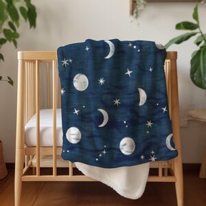 Moon Baby Blanket, Outer Space Themed Nursery Decor, Navy Blue Boys Room, Celestial Newborn Gift