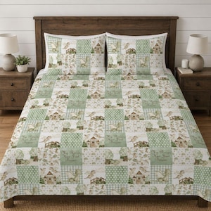 May include: A patchwork quilt and two matching pillow shams featuring a repeating pattern of green and white squares. The design includes illustrations of dragons, castles, trees, and the text My Reign Has Just Begun printed on select squares.