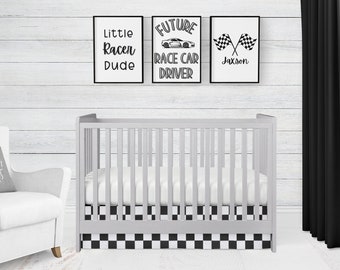 Racing Checkered Crib Skirt, Black & White Racing Crib Bedding, Racing Nursery, Gift for Baby Boy, Girl, Standard, Mini Crib Bedding