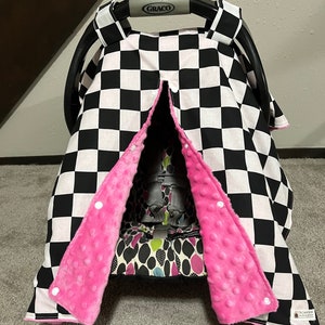 ベビーカーシートカバー、レースをテーマにしたベビーギフト、ベビールームテーマの車、女の子用ベビーカーシートキャノピーカバー、チェッカーフラッグ、ベビーシャワーギフト