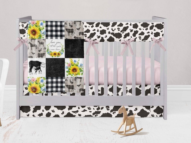 Farm Crib Bedding, Sunflower Cow Crib Bedding Set, Light Pink Sheet Floral shops Theme Bedding, Cotton Minky Blanket, Girl Nursery, Cow Rail Cover