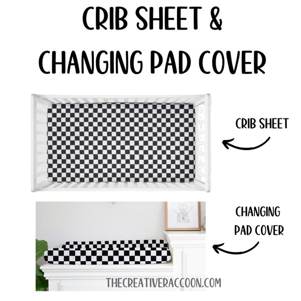 Racing Check Crib Sheet, Changing Pad Cover Set, Racing Nursery, Checkered Flag Crib Bedding Boy, Fitted Crib Sheets, Standard & Mini Crib
