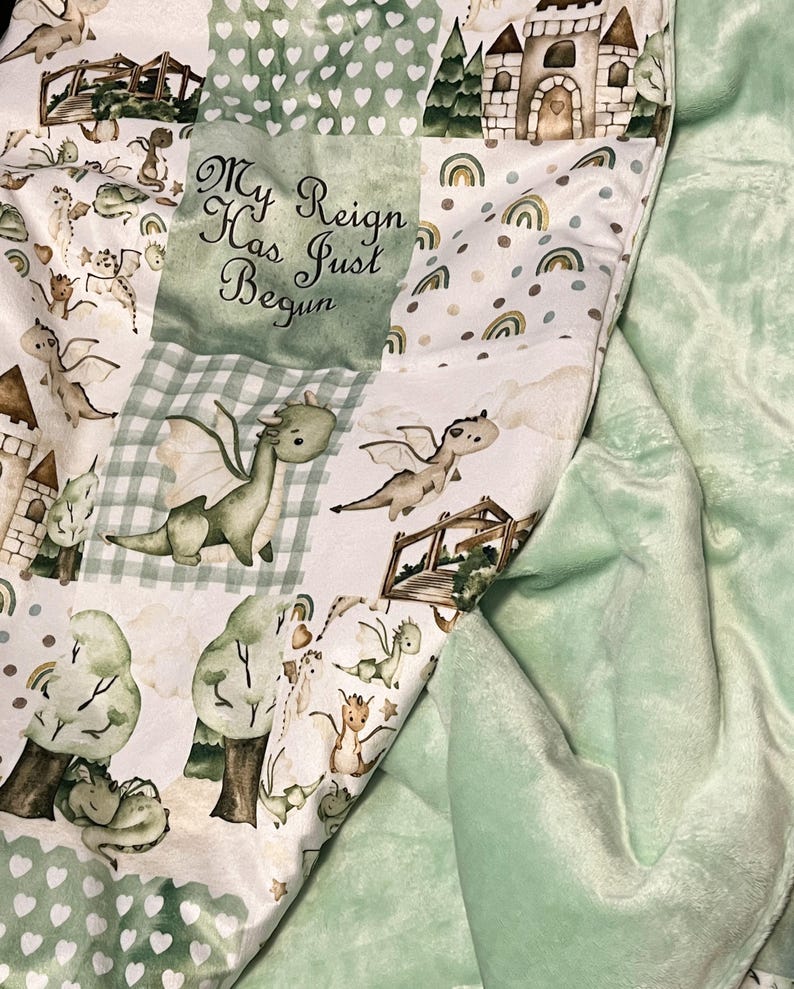 Dragon Baby Blanket: Fantasy Themed Nursery, Soft Minky Crib Comforter
Dragon minky baby blanket, shown in the comforter option with sage green minky. You can pick the back minky color. Handmade in Kansas, USA
Dragon Baby Blanket Handmade Baby Quilt Fantasy Baby Nursery Bedding Baby Shower Gift Newborn Boy Room Decor Fairy Tale Crib Comforter