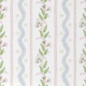May include: White wallpaper with a repeating vertical pattern. The design features alternating stripes of pink, light blue, and green floral and dotted elements. The floral elements include green leaves and white flower clusters.
