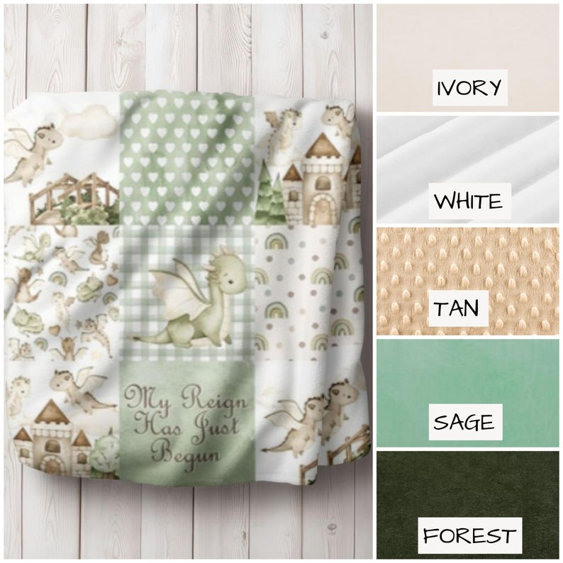 dragon blanket minky colors for the back, ivory, white, tan, sage, or forest green.
