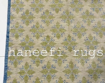 Sage Green and Blue Floral Area Rug | Beige Geometric Pattern Carpet | Vintage Style Oushak Rug for Living Room or Bedroom